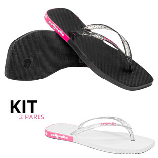 Kit Chinelo Feminino Traserinha Casual Branco Preto Confortável
