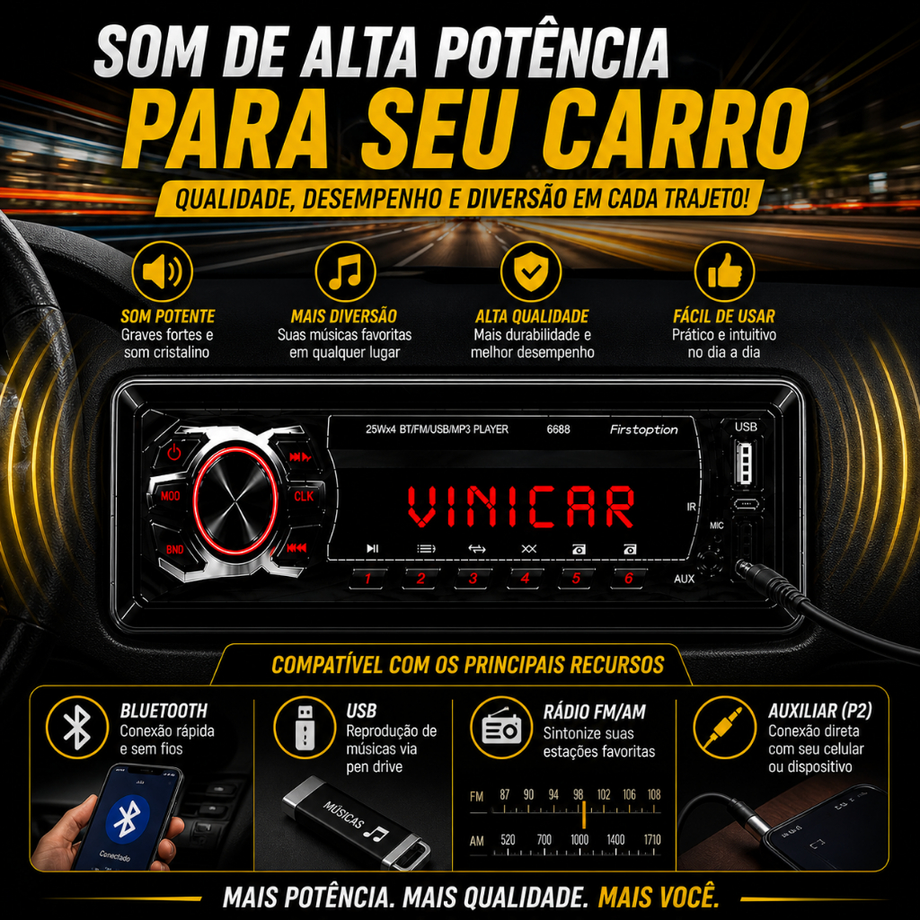 Toca Som Rádio Mp3 Player Bluetooth Universal 1 Din Rádio Fm
