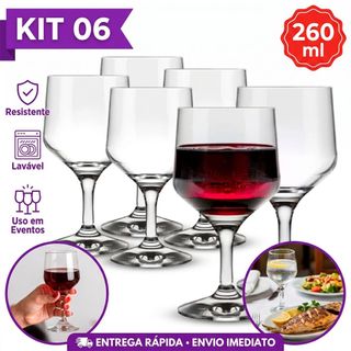 Kit 06 Taças Buffet de Vidro Temperado Vinho Drink 260ml Vidro Resistente Casamento Hotel Degustação