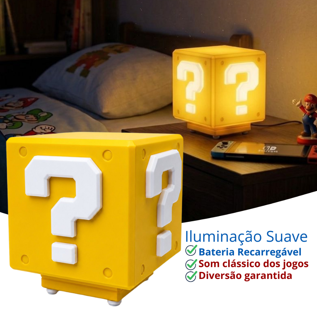 Luminária Super Mario Bros Com Som Cubo Bloco Gamer Abajur De Cabeceira Mesa