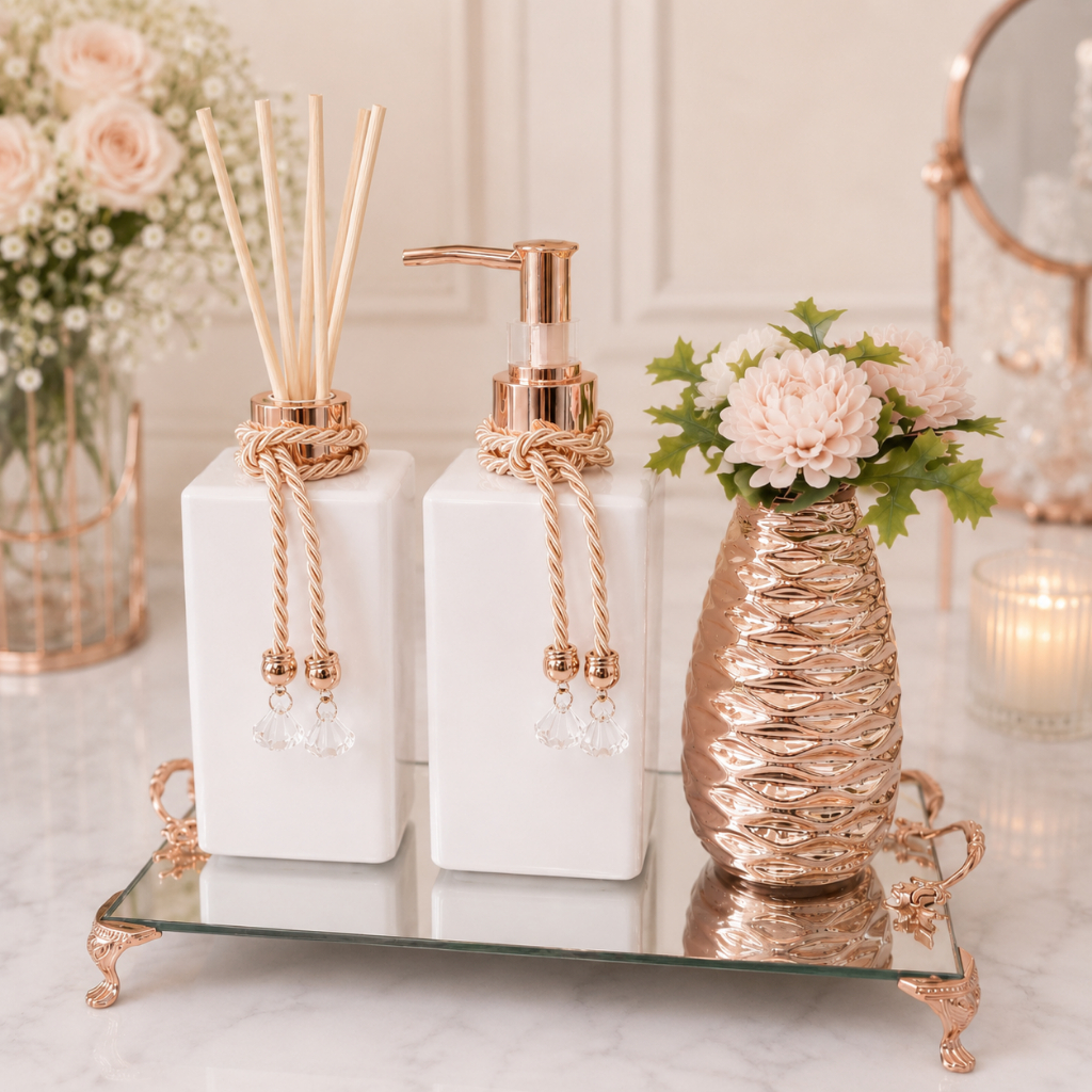 Kit Lavabo Rose Gold Difusor e Porta Sabonete Líquido Retangular Branco Brilhante Bandeja Espelho