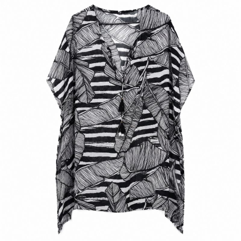 saída de praia floral branco e preto transparente kaftan