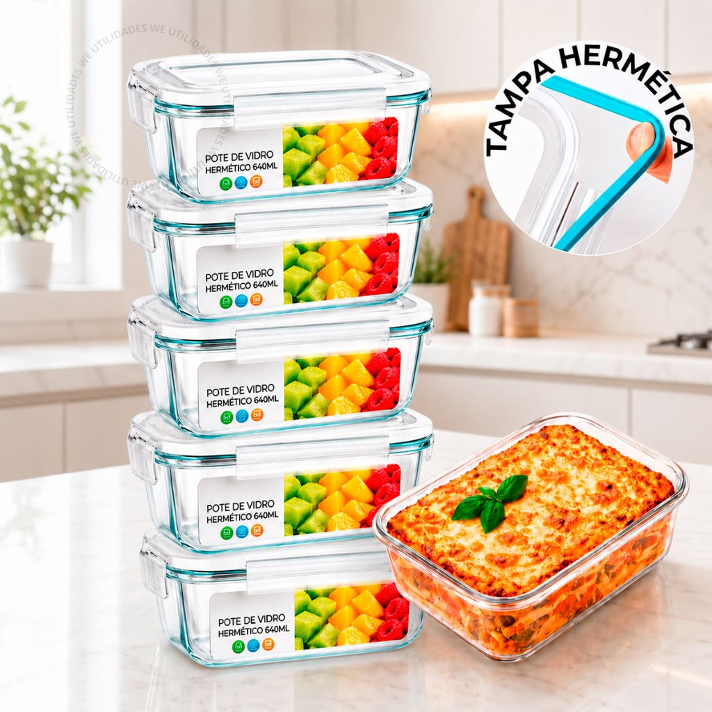 Conjunto 5 Potes Vidro Hermético 640ml Mantimentos Retangular Marmita Fit Com Tampa 4 Travas Conserva
