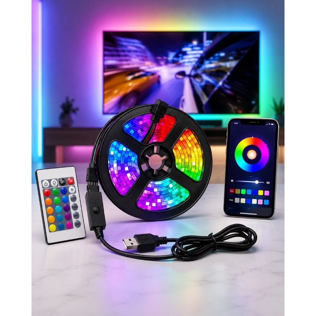 Fita de Led 5 metros RGB USB 5050 Controle Remoto e Aplicativo Luz de Fundo TV Monitor Fita Flexível 5V IP65 Setup Gamer