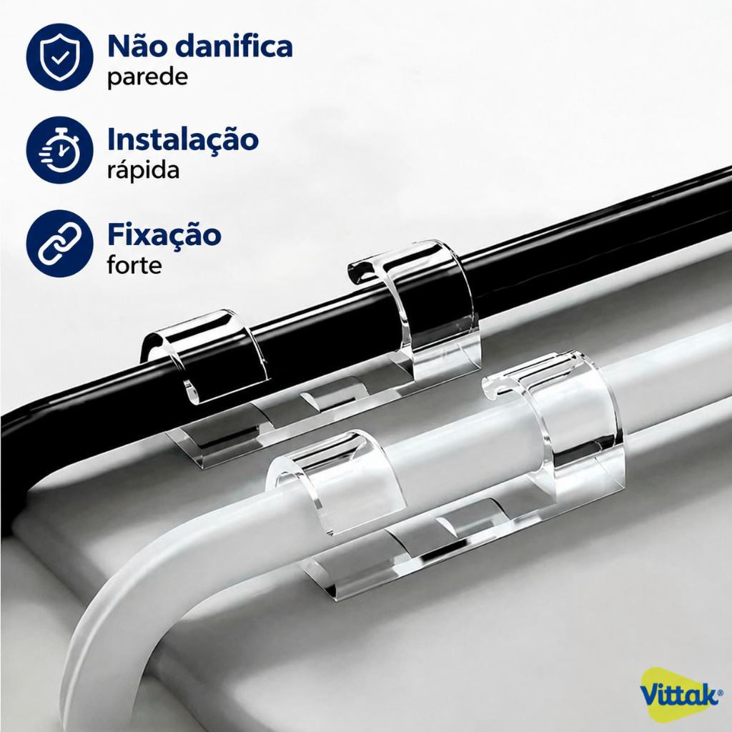 Vittak Clips Organizador de Cabos e Fios Adesivo Fixador de Parede Passa Fio Sem Furos - Kits 20, 40 e 60 Unidades