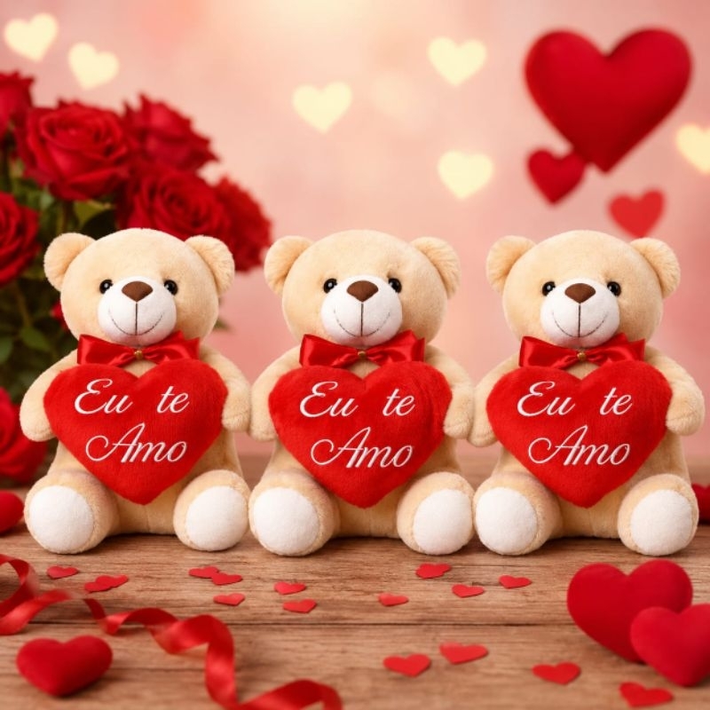 Kit Trio Ursinhos Pelúcia com Coração Eu Te Amo Presente Decoração Dia dos Namorados Pronta entrega