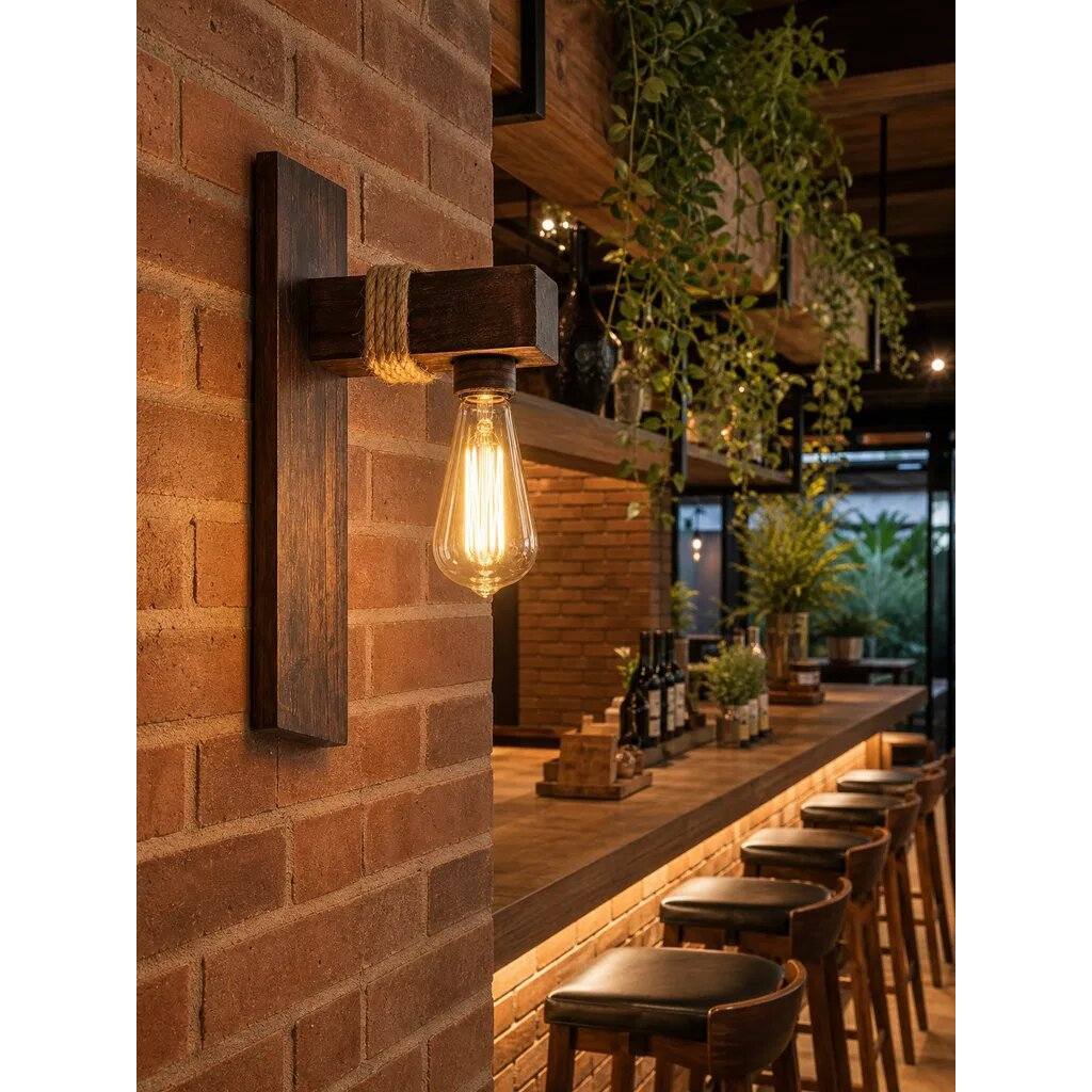 Arandela De Madeira Rústica Vintage Parede Bocal Embutido Corda Sisal Retro Industrial Luminária Decorativa 40cm