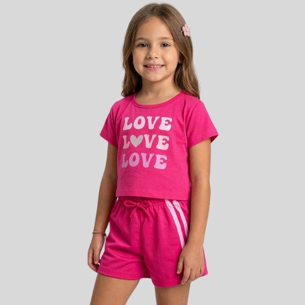 Conjunto Infantil Menina Verão Love Blusa Cropped e Shorts Algodão Confortável Roupa Infantil Feminina Casual