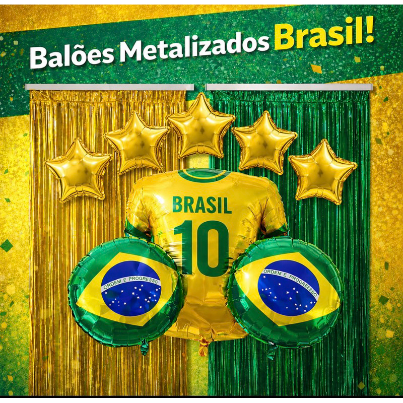 Kit Copa do Mundo – 2 Cortinas Metalizada Verde e Dourada + 2 Balões redondo bandeira do Brasil + 5 ⭐️ + 1 Camisa Brasil