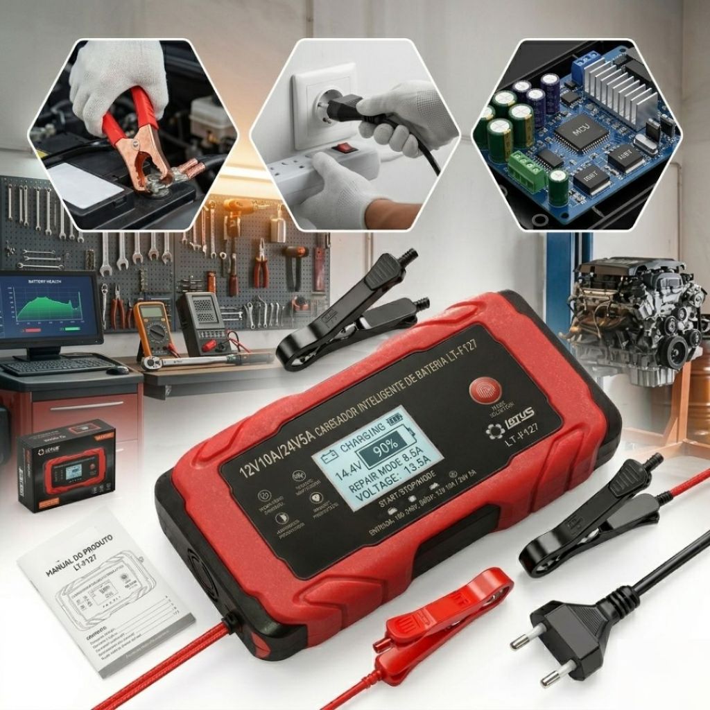 Carregador De Bateria Automotiva 12V 10A / 24V 5A Inteligente Portátil Carro Moto Caminhão Bivolt Digital.Home