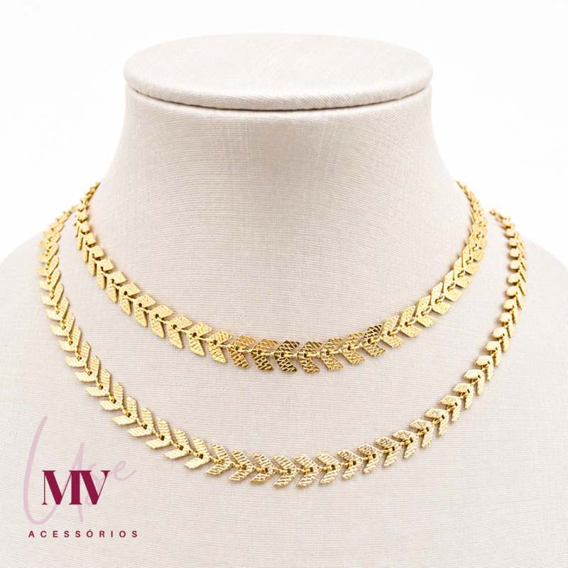 Kit Chocker E Colar Escama De Peixe Colar Duplo Dois Colares Banhados Ouro 18K Antialérgico Dourado Setas Setinhas