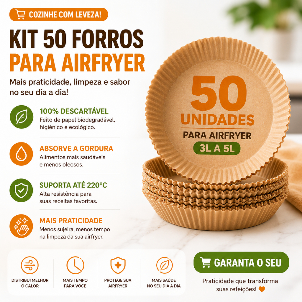 Kit 50 Forros de Papel Descartável para Airfryer 3L a 5L