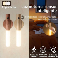 Kit 2 Luminaria Luz Led Recarregável Sensor de Movimento Arandela de Madeira Minimalist Mesa Parede Magnética