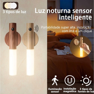 Kit 2 Luminaria Luz Led Recarregável Sensor de Movimento Arandela de Madeira Minimalist M…