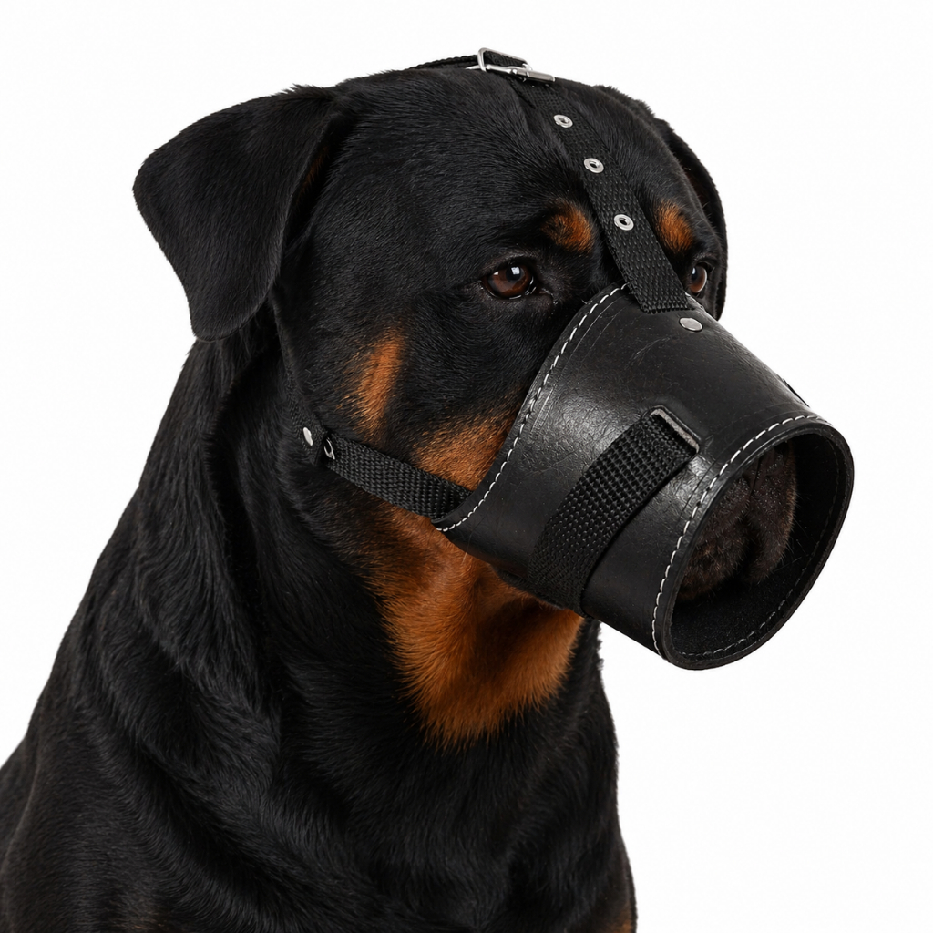 Focinheira para Pitbull Rottweiler em Couro Forrada com E.V.A