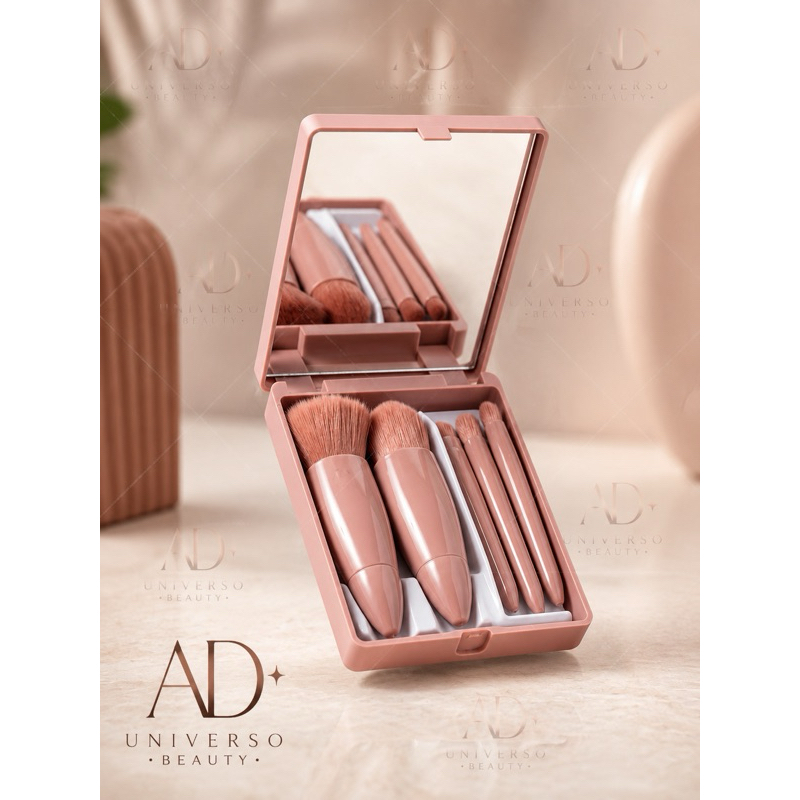 Kit Pincéis de Maquiagem Portátil com Espelho 5 Peças – Estojo Compacto Viagem Profissional Rosa Nude