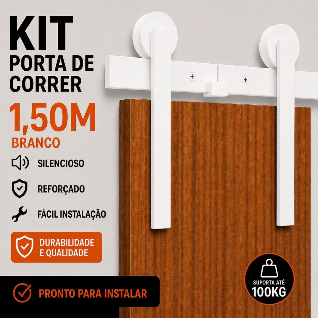 Kit Porta de Correr 1,50m Branco Trilho Roldanas Aparente Celeiro Alumínio Reforçado Até 100kg