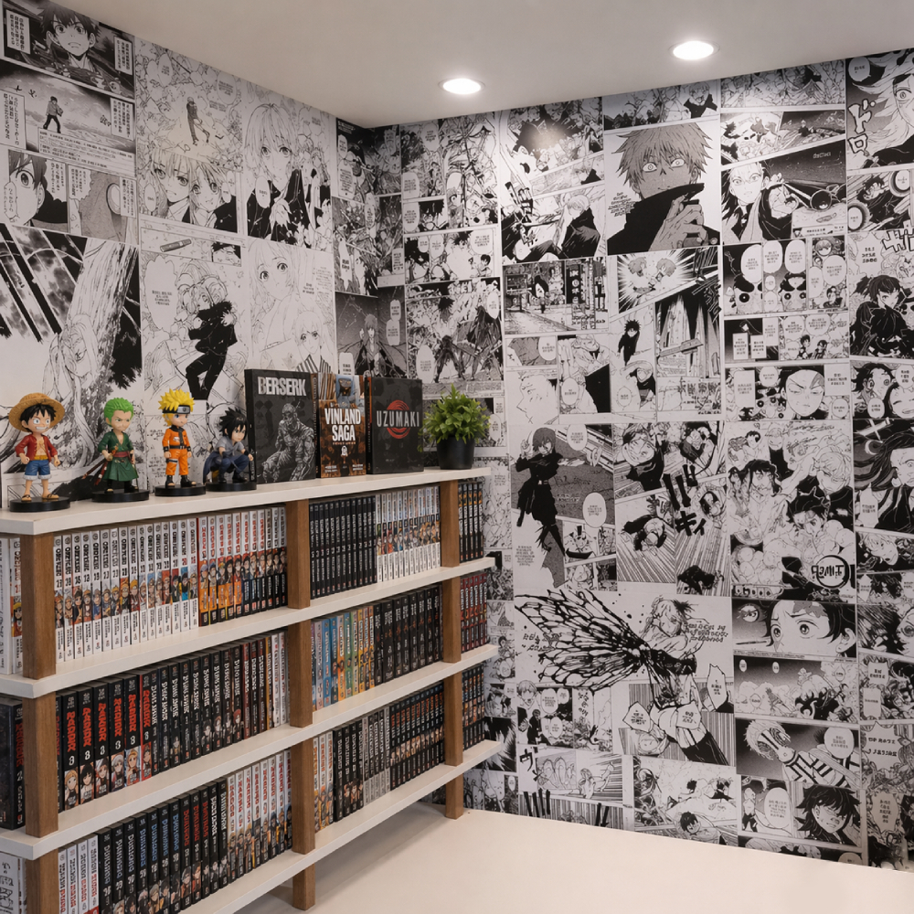 Papel de parede Adesivo Hidráulico 21x15cm Anime Quadrinhos Mangá Wall Lavável Decoração Preto e Branco Quarto