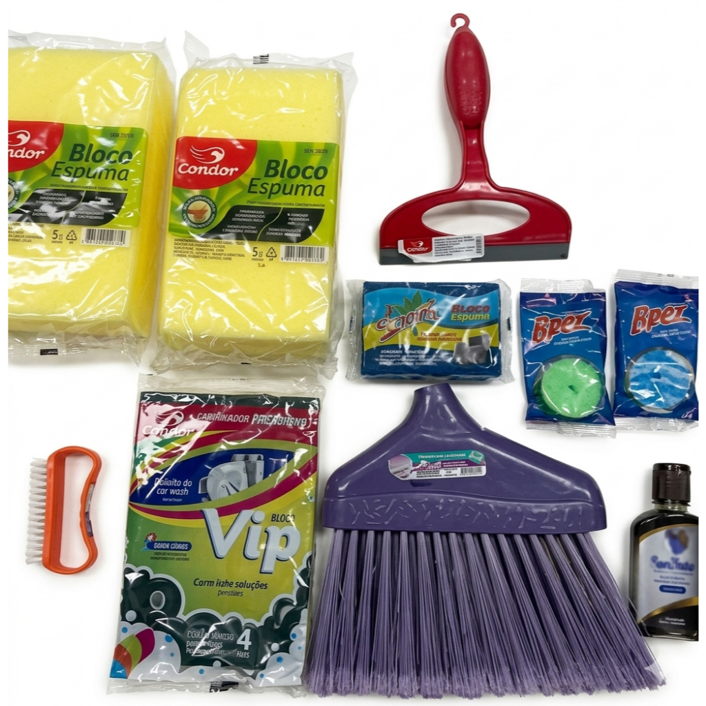 Kit Limpeza 13 Peças - Bloco De Espuma + Vassoura + Oleo de Peroba + Pedra Sanitária + Escovinha