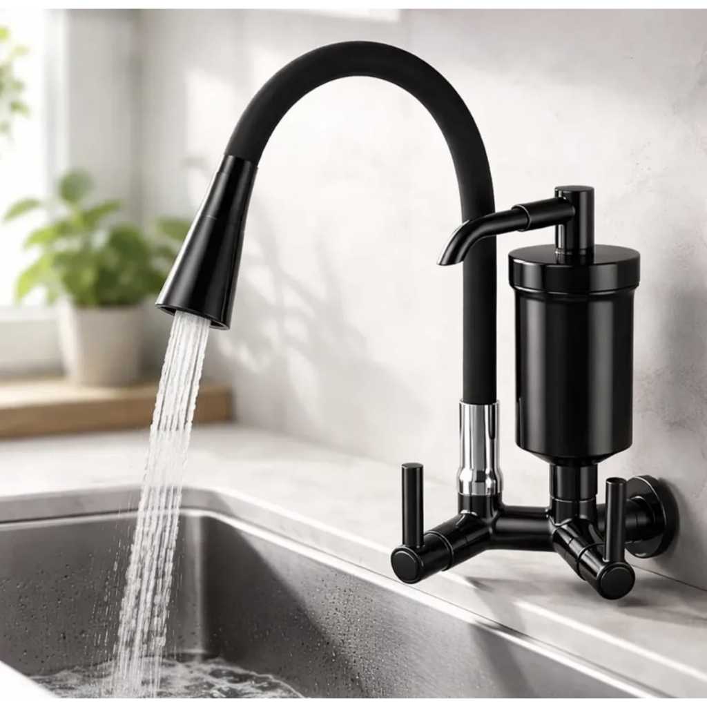 Torneira de Cozinha Flexível com Filtro de Água - Preto Bancada ou Parede