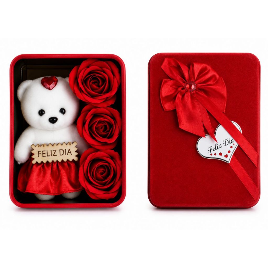 Presente Caixa com Ursinho e Rosas em Lata Presente Romântico