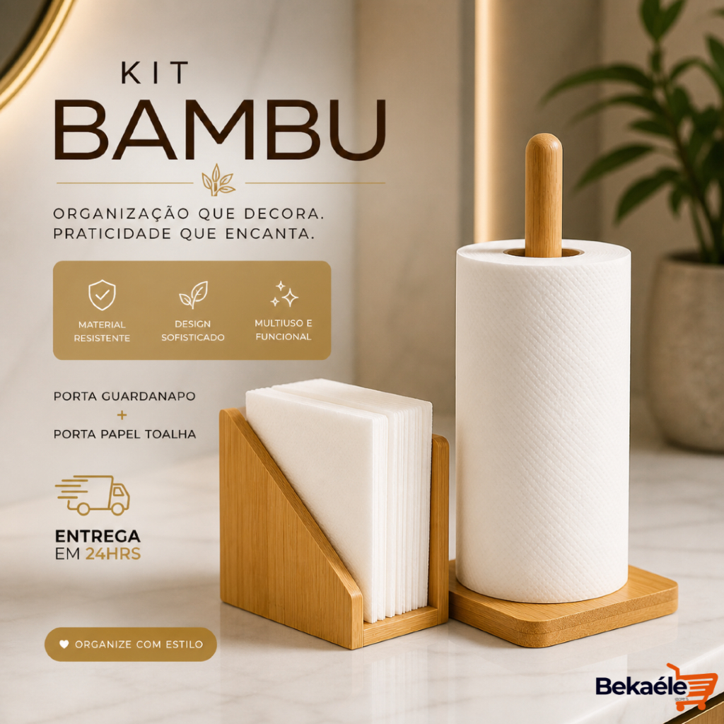 Kit Bambu Porta Guardanapo e Suporte de Papel Toalha Grande para Bancada