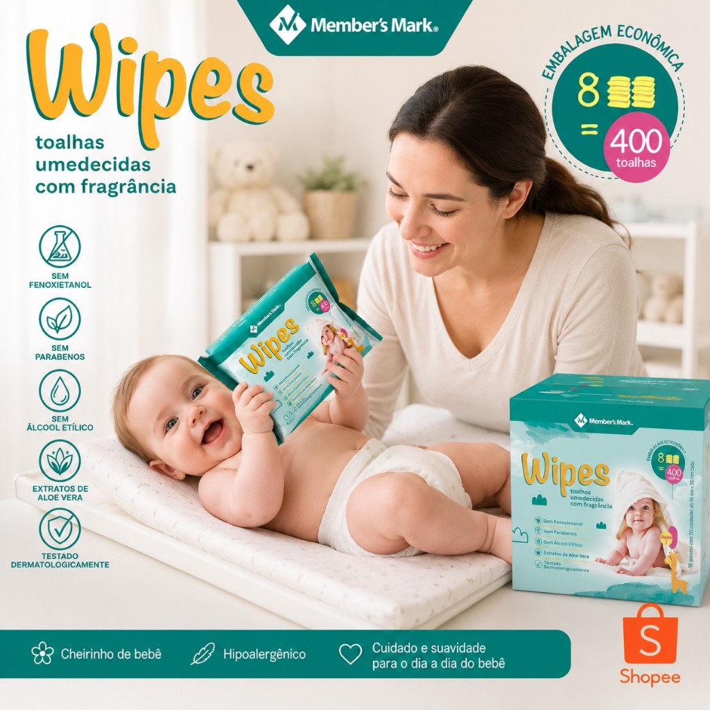 Detalhes do oalhas Umedecidas Wipes Member’s Mark 400 Unidades Com Aloe Vera Hipoalergênica Para Bebê