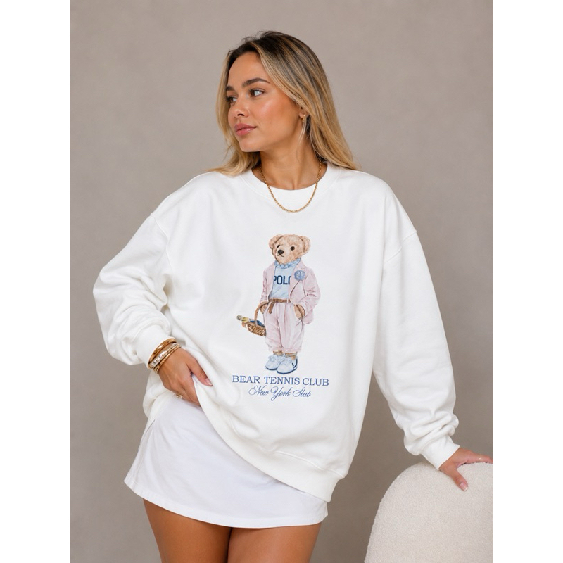 Moletom Feminino Blusa De Frio Algodão Flanelado Sem Capuz Urso Blogueira Casaco