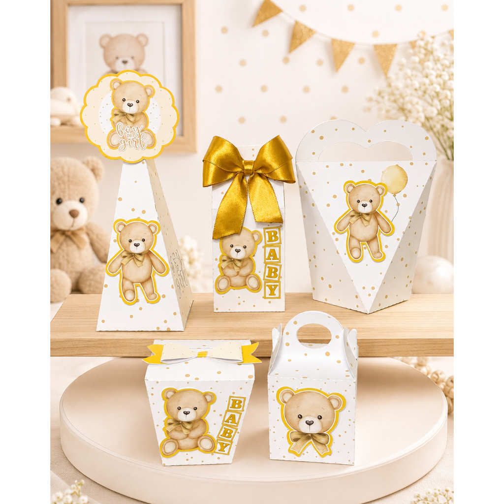 CHÁ REVELAÇÃO URSINHO - URSO DOURADO- KIT FESTA LEMBRANCINHA COM APLIQUES E LAÇO - SÓ MONTAR
