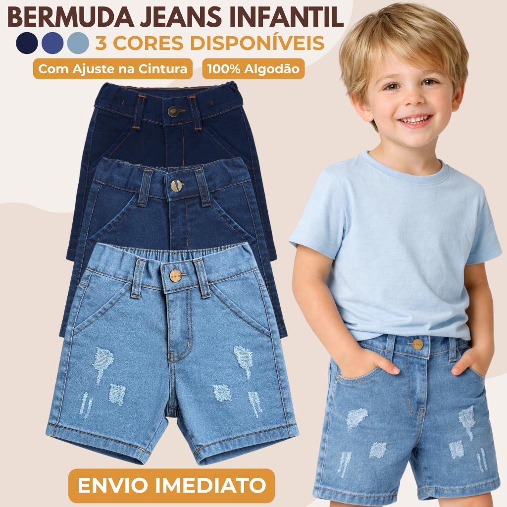Bermuda Short Infantil Masculina Jeans com Lycra Confortável Ajustável - Menino 1 a 4 Anos