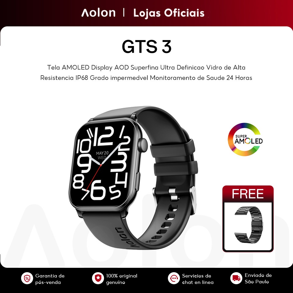 Aolon GTS 3 Smartwatch AMOLED AOD IP68 à prova d'água 8.8mm Ultrafino Bluetooth Relógio Inteligente Masculino Feminino