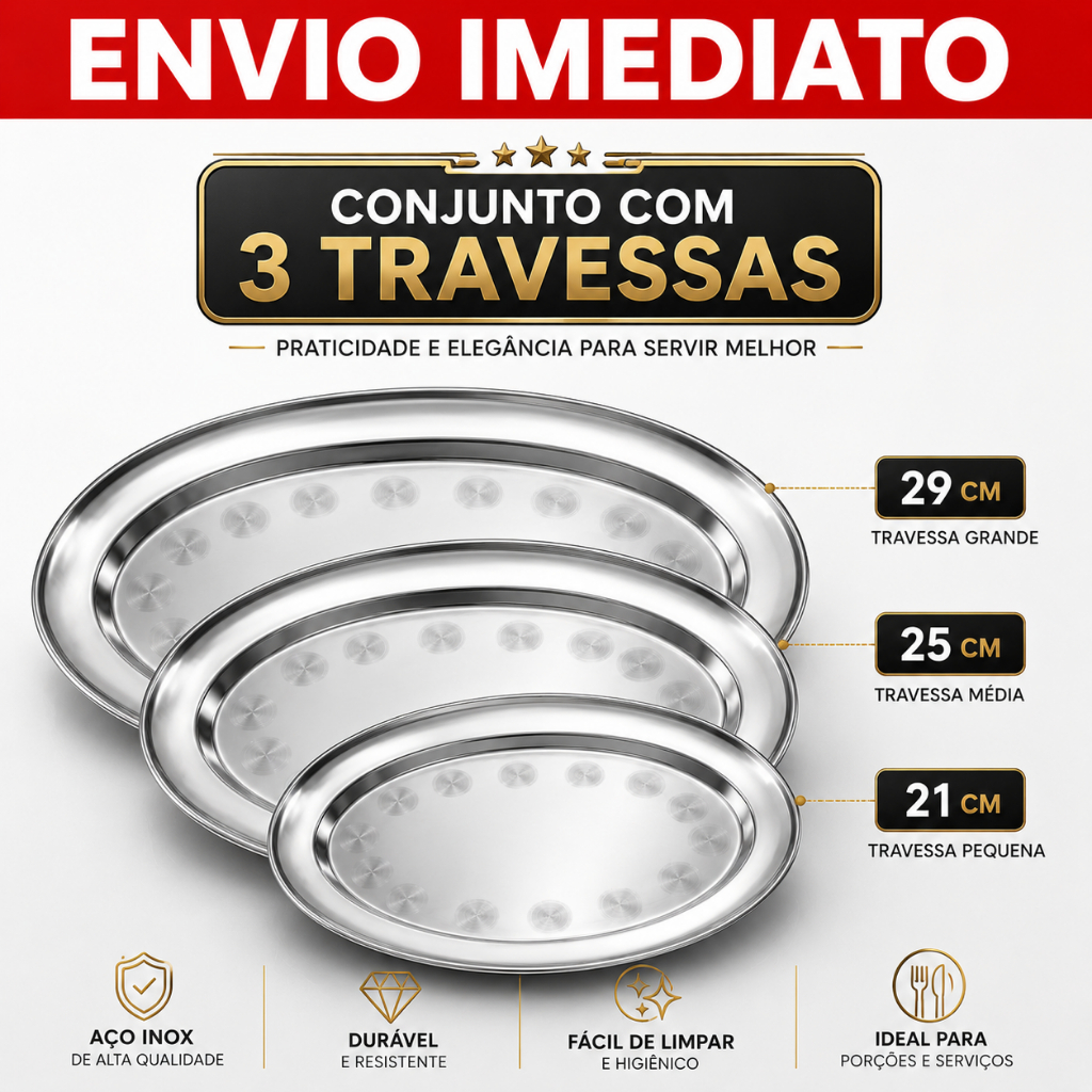 Kit 3 Travessas Inox cozinha Oval Rasa Bandeja Porções Petiscos Lanchonete Restaurante 21, 25 , 29cm