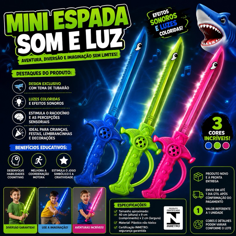 🦈⚔️ MINI ESPADA TUBARÃO SOM E LUZ – DIVERSÃO GARANTIDA COM EFEITOS INCRÍVEIS! 🌈🔊