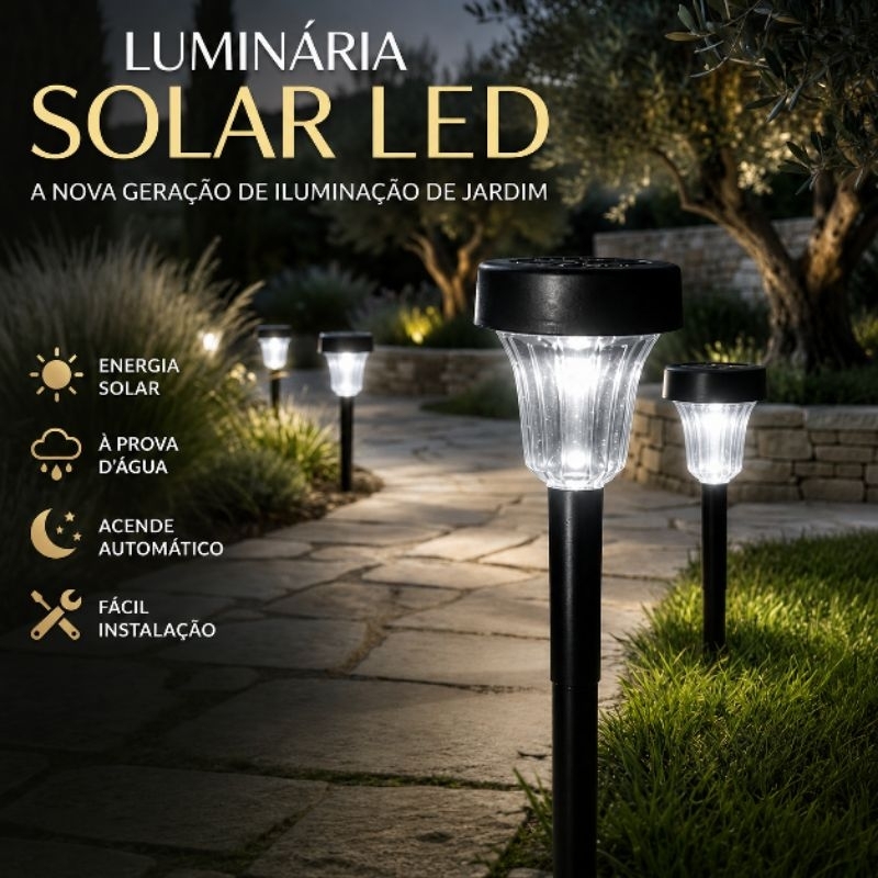 Luminária Solar Jardim LED Externa Espeto Automático Sem Fio Decorativa Luz Branca