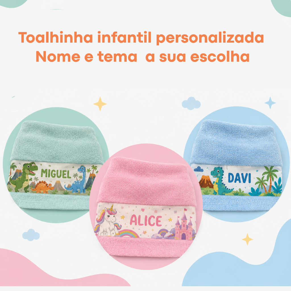 Kit 1 ou 3 toalhas de boca personalizadas - Com tema e Nome