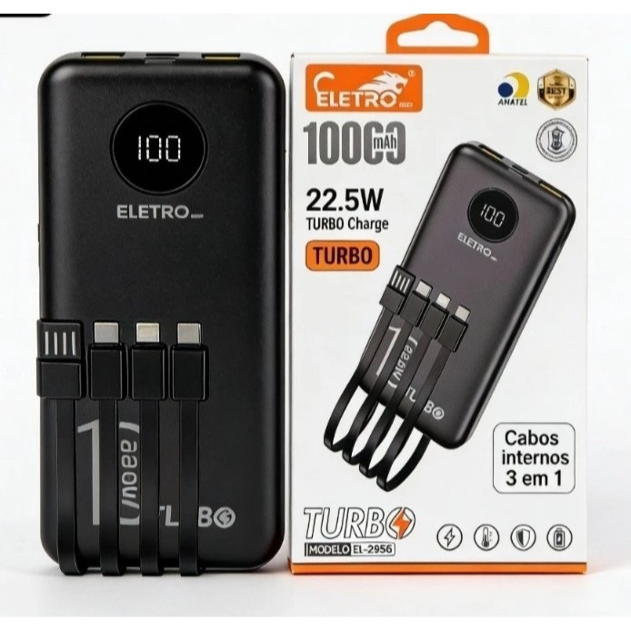 Power Bank Ultra-Slim com Cabos Embutidos e Visor Digital EL-2956 EL-2957 Eletromex