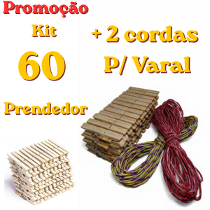 Super Kit 60 unidades de Prendedor + 2 cordas de Varal pregador mais corda grampo de roupa mais varal lavanderia secar