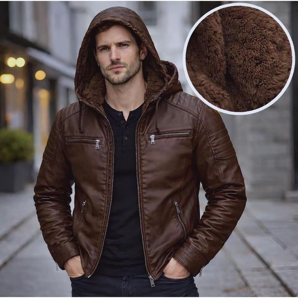 Detalhes do JAQUETA MASCULINA COURO FORRADA COM PELINHO CAPUZ REMOVIVEL INVERNO
