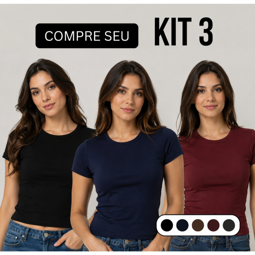 Imagem KIT 3 Baby Tee Feminina Manga Curta Casual Meia Estação Varias Cores