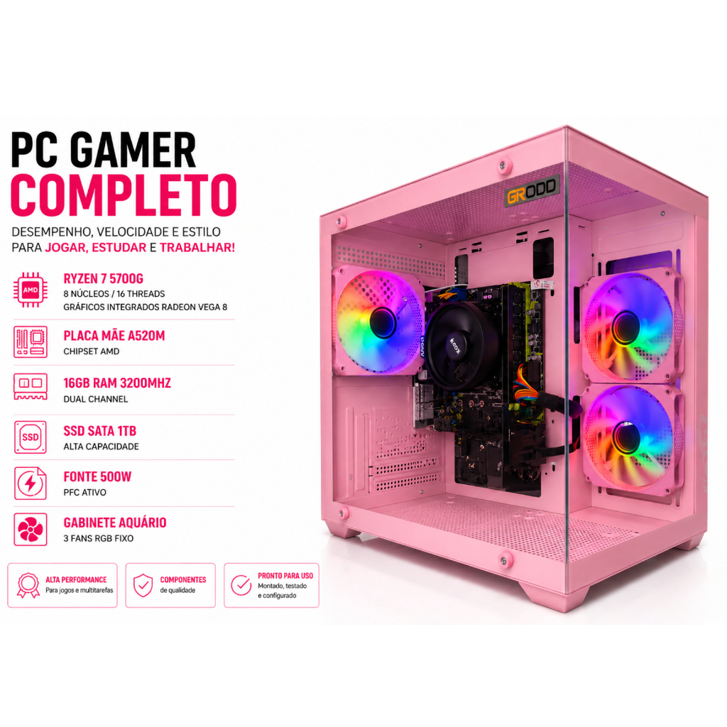 Pc Gamer Rosa Ryzen 7 5700g 16gb Ddr4 Ssd 1tb Aquario