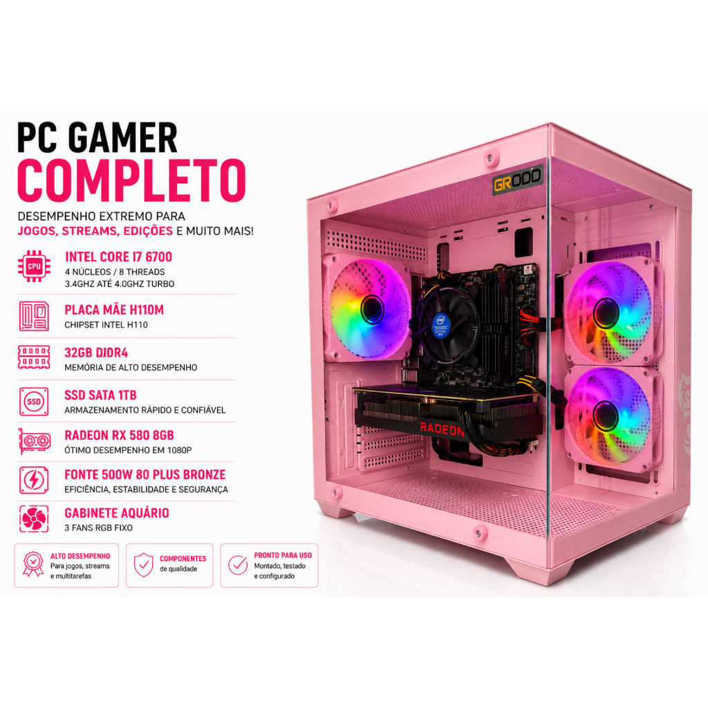 Pc Gamer Rosa I7 6700 32gb Ddr4 Ssd 1tb Placa De Video 8gb