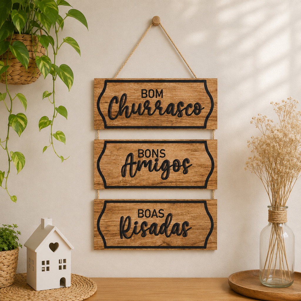 Placa Decorativa MDF com Corda Sisal Bom Churrasco Bons Amigos e Boas Risadas Área Gourmet Rustica