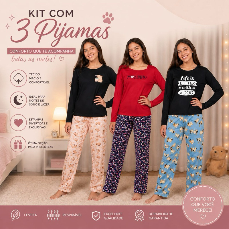 Kit 3 Pijamas Longo Infantil Juvenil Feminino Manga Longa Calça Estampado Sortido Confortável