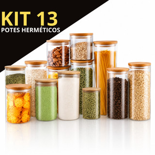 Kit 13 ou 9 potes herméticos de vidro com tampa de bambu para cozinha mantimentos aliment…