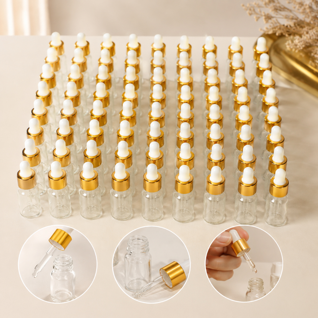 60 Frasco Conta Gotas de Vidro 3ml Dourado Gotejador Sérum Facial Mimo Lembrancinhas