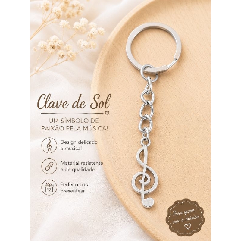 2 unidades de Chaveiro Argola italiana prata com Pingente Nota musical Clave de Sol em zamac