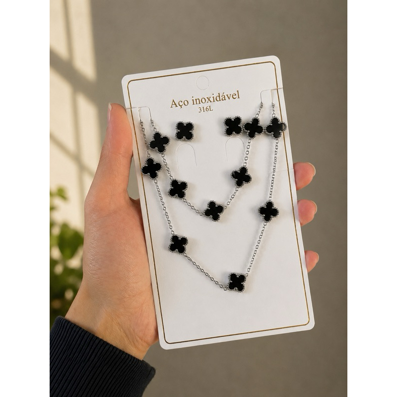 Conjunto inspiração Trevo Sorte Colar + Brincos + Pulseira em Aço Inoxidável