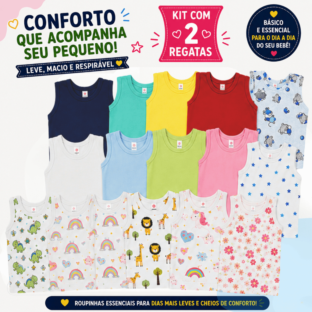 Kit 2 Regatas Camisetas bebê Pijama Menino Menina Lisas estampadas Verão Enxoval Bebê 100% Algodão