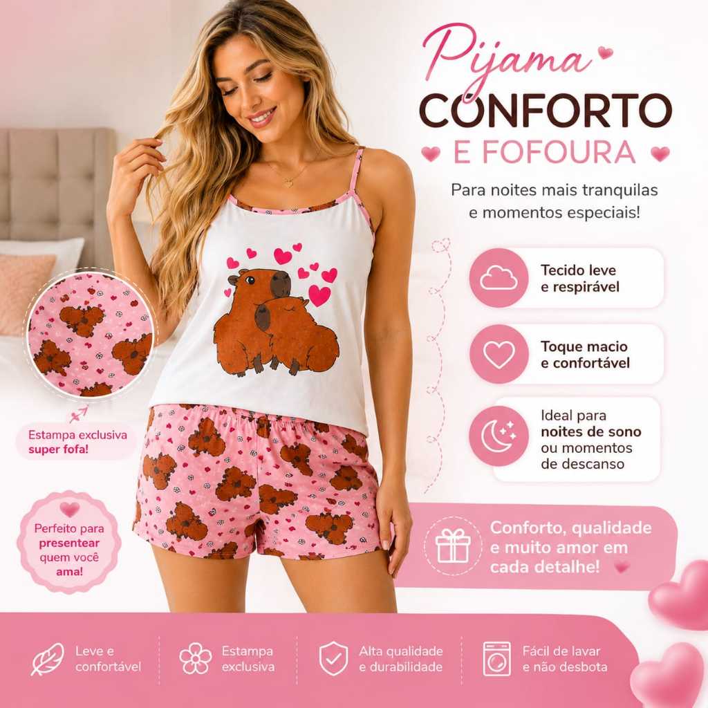 Pijama Feminino Adulto de Alcinha  verão Confortável Personagens Roupa De Dormir  Short Doll Conjunto de Dormir baby doo