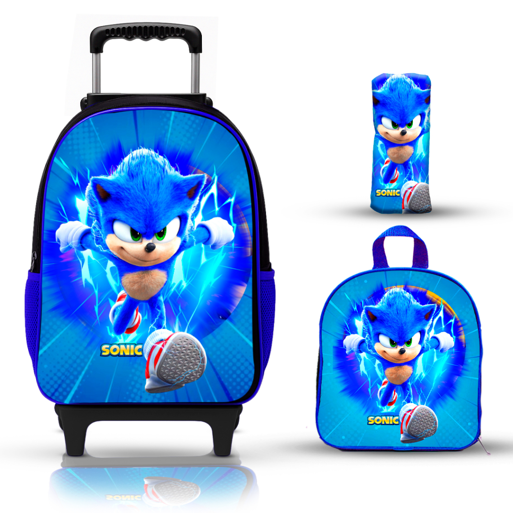 Mochila Escolar Infantil Sonic Rodinhas de silicone Lancheira Estojo Reforçada